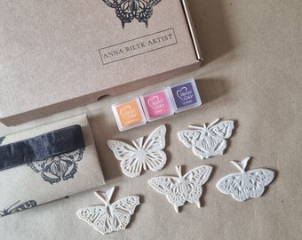 Butterfly Rubber Stamp Kit : Monarch Stamp, Small Tortoiseshell, White Marbled Stamp, Peacock & Swallowtail Butterfly Stamp Ink Pad Supplies