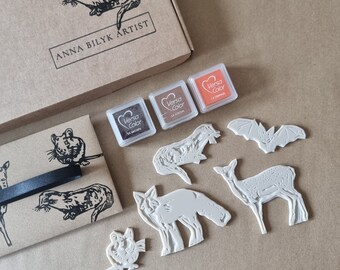 Woodland Wildlife #2 Rubber Stamps Kit : Otter Bat Fox Deer & Mouse Stamp Craft Gift, Stamp Supplies, Ink Pad