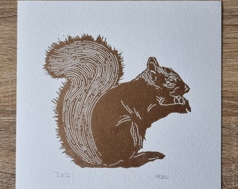 Gold Squirrel Handprinted Original Artwork Linoprint