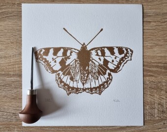 Gold Small Tortoiseshell Butterfly Original Handprinted Linoprint