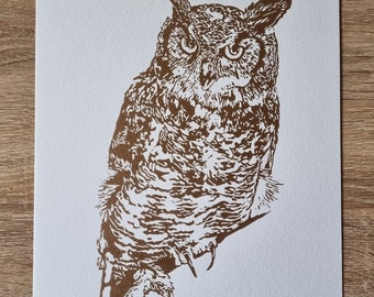 Gold Eagle Owl Original Handprinted Linoprint