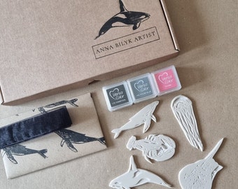 Sealife Rubber Stamp Kit : Orca Stamp,  Lobster Stamp, Jellyfish Stamp, Humpback Stamp, Stingray Stamp Craft Set, Stamp Supplies, Ink Pad