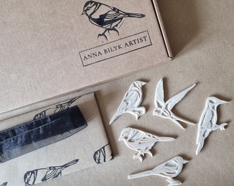 Birds Rubber Stamp Collection : Grey Wagtail Stamp, Swallow, Blue Tit Stamp, Woodpecker & Goldfinch Stamp Beginners Craft Set Linocut Stamp