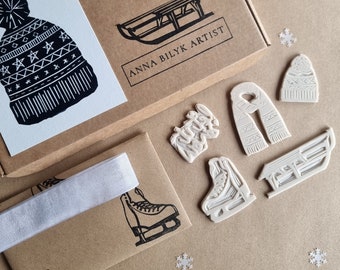 Winter Rubber Stamp Collection : Sledge, Ice Skates, Wooly Hat, Scarf & Let It Snow Stamp Craft Set, Stamp Supplies