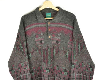 Size XL Colorful Losange Pattern Collared Sweater Vintage 70s 70s/90s Geometric Scottish School Wool Ikat Pattern Retro Sweater Boho