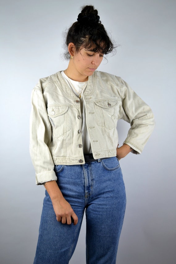 Vintage 90s Beige Crop Jean Jacket Red 
