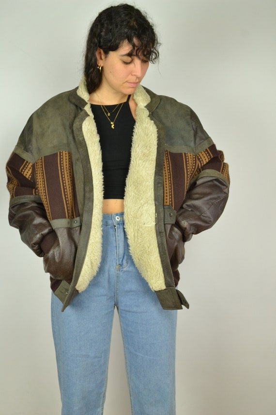 Vintage 80s Leather Aztec Bomber Jacket 