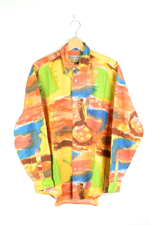 80s Abstract Pattern Shirt Neon Orange Blouse Geom