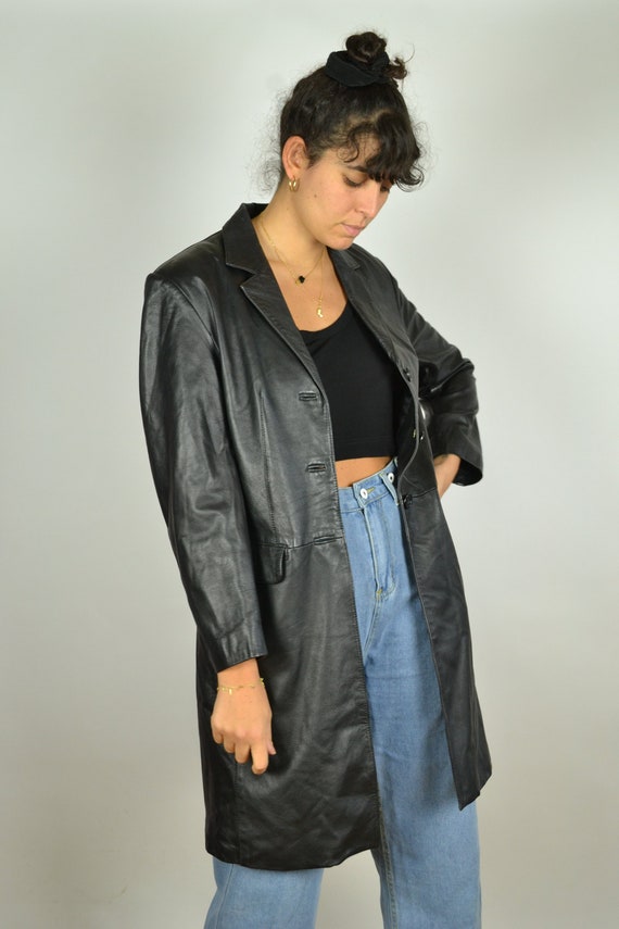 Long Black Leather Trench Jacket Vintage 00s Black