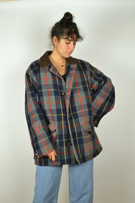 80s 90s Long Checkered Pattern Coat Large L