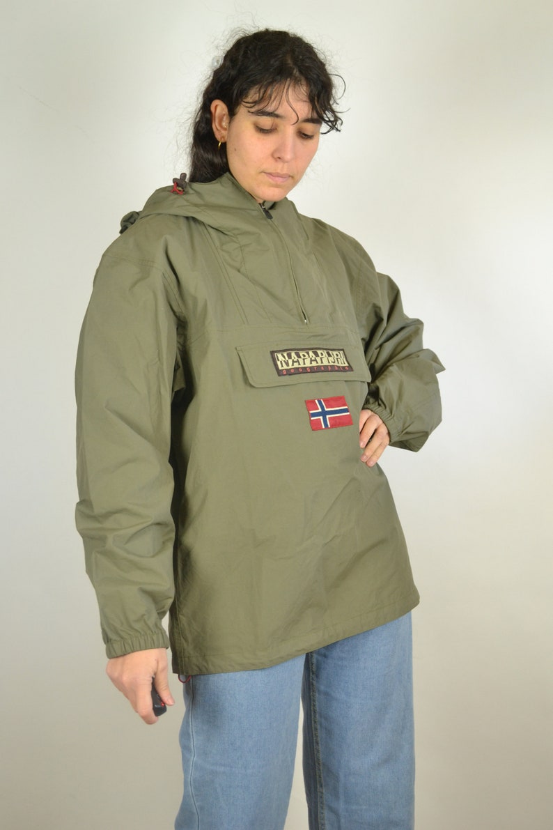Vintage 90s Size L 90s Windbreaker Surfer Sport Track Tracksuit Oldschool NAPAPIJRI Khaki Half Windbreaker Sport Jacket
