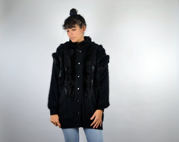 Vintage 90s Angora Wool Pull Sweater Knit Hoodie O