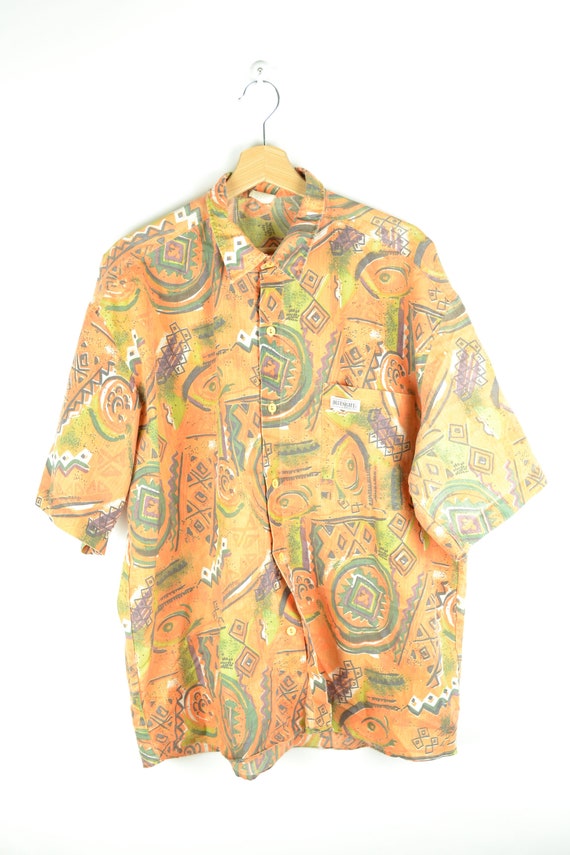 80s Abstract Pattern Shirt Neon Orange Blouse Geom