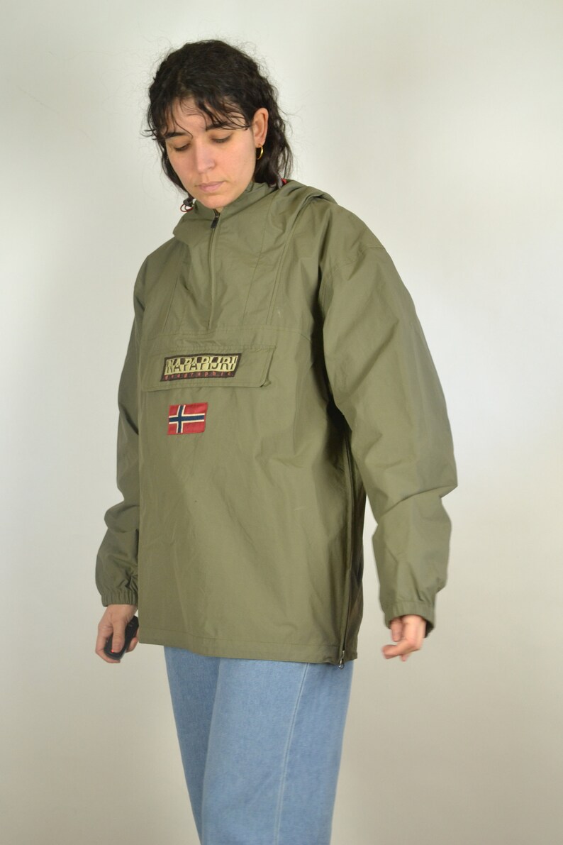 Vintage 90s Size L 90s Windbreaker Surfer Sport Track Tracksuit Oldschool NAPAPIJRI Khaki Half Windbreaker Sport Jacket