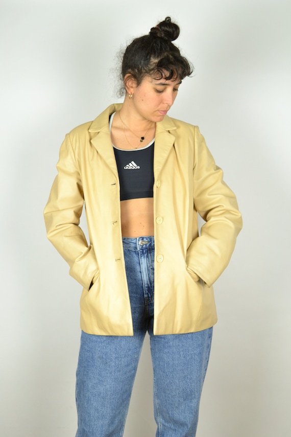 90s Long Beige Women Leather Jacket S M