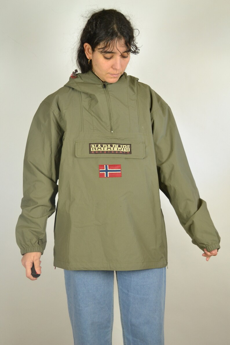 Vintage 90s Size L 90s Windbreaker Surfer Sport Track Tracksuit Oldschool NAPAPIJRI Khaki Half Windbreaker Sport Jacket