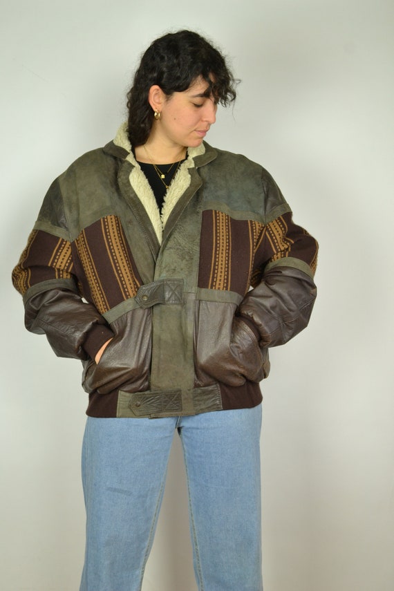 Vintage 80s Leather Aztec Bomber Jacket 