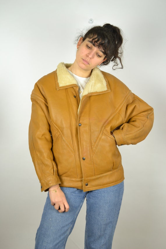 Vintage Sheepskin Bomber Jacket 70s Orange Sherpa
