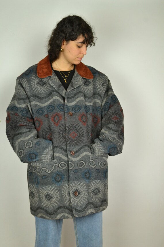 80s Grey and Brown Aztec Leather Wool 