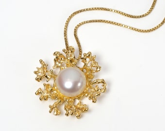 CORAL FLOWER Gold Pearl Necklace Wedding, Bridal Jewelry Pearl, Bridal Pearl Necklace Pendant, White Pearl Pendant Gold