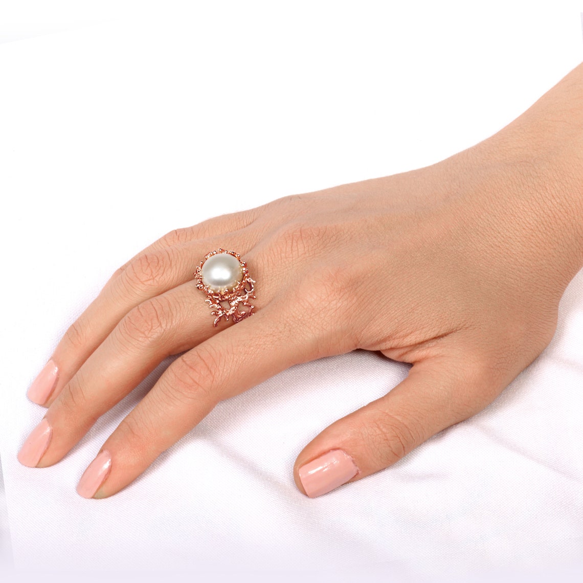 CORAL Pearl Ring Rose Gold Ring Pearl Engagement Ring Rose Etsy