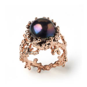 CORAL Black Pearl Ring, Rose Gold Pearl Ring, Black Pearl Engagement ...