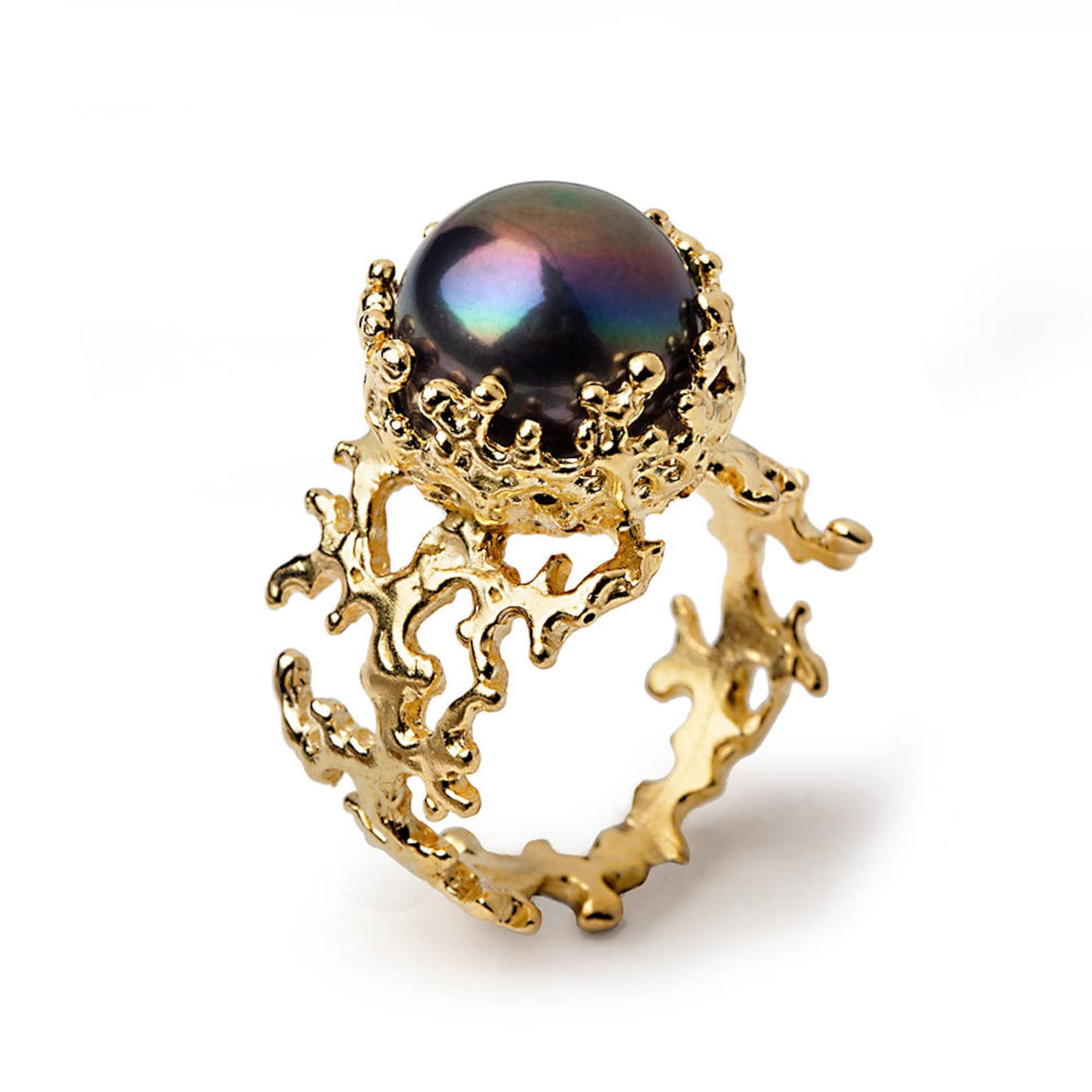 Coral Black Pearl Ring Gold Pearl Ring Black Pearl Etsy