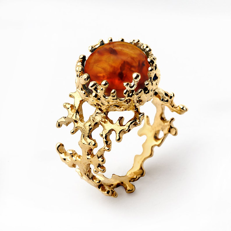 CORAL Baltic Amber Ring, Burnt Orange Gem, Statement Ring, Gold Amber Ring, Gold Gemstone Ring, Natural Amber Ring, Unique Gold Ring image 2