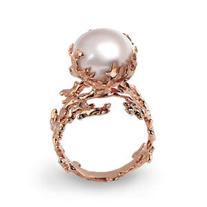 CORAL PEARL Rose Gold Ring, Rose Gold Pearl Ring, Statement Ring, Large ...