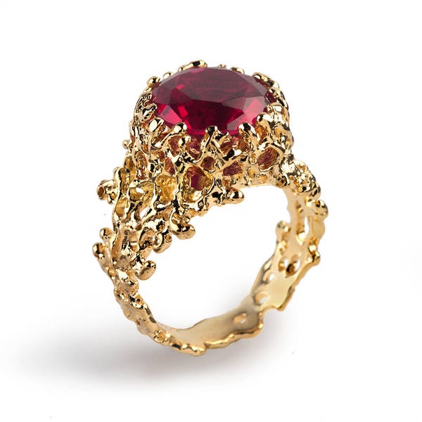 CORAL Gold Ruby Ring, Gold Band, Ruby Engagement Ring, Statement Ring, Large Red Ruby Ring For Women, Nature Jewelry