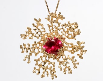 CORAL FLOWER LARGE Gold Ruby Pendant Necklace, Large Pendant, Ruby Necklace Gold, Huge Snowflake Necklace, Statement Necklace