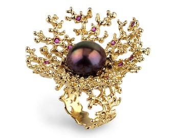 HUGE CORAL Flower Gold Black Pearl Ring, Gold Statement Ring, Large Ring, Ruby Ring, Gold Flower Ring, Gold Pearl Ring, for Women