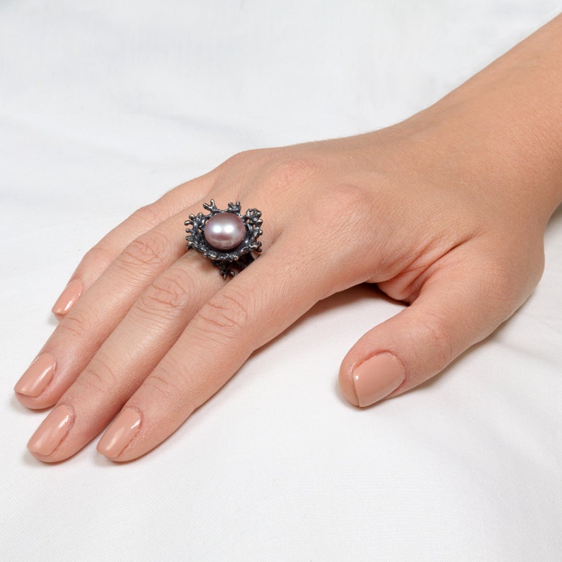 CORAL FLOWER Black Pearl Ring, Black Ring Oxidized Silver, Black Engagement Ring, Black Pearl Engagement Ring, Alternative Flower Ring image 4