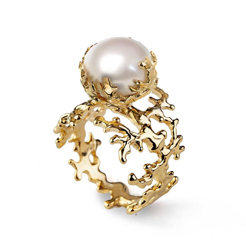 CORAL PEARL Gold Ring, Yellow Gold Pearl Ring, Statement Ring, Large Pearl Ring, Pearl Engagement Ring image 1