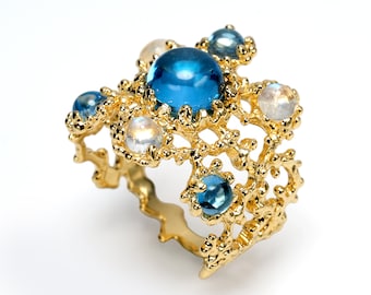 MANDALA Ring, Swiss Blue Topaz Ring, Gold Moonstone Ring, Gold Gemstone Ring, Large Statement Ring, Flower Ring, Birthstone Jewelry