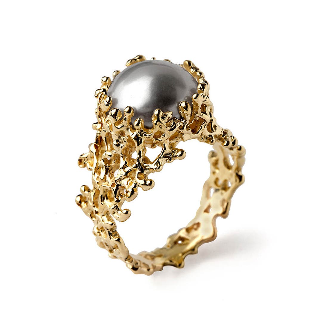 CORAL Gold Pearl Ring, Gray Pearl Ring, Pearl Engagement Ring, Large