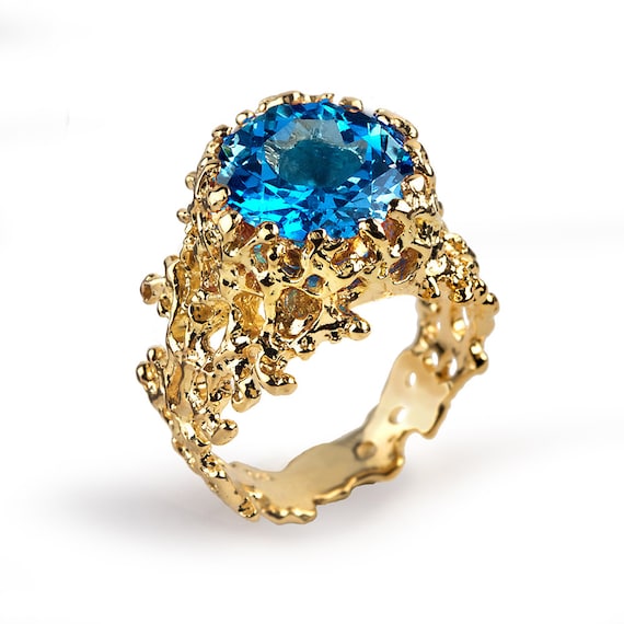 CORAL Swiss Blue Topaz Engagement Ring Statement Ring Gold - Etsy