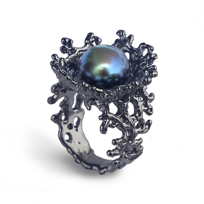 CORAL FLOWER Black Pearl Ring, Black Ring Oxidized Silver, Black Engagement Ring, Black Pearl Engagement Ring, Alternative Flower Ring image 1