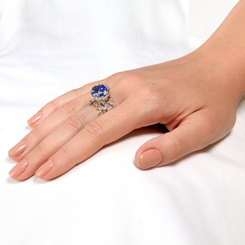CORAL Blue Sapphire Engagement Ring, Statement Ring, Sterling Silver Blue Sapphire Ring, Silver Gemstone Ring, Large Sapphire Ring image 5