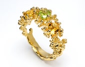 CORAL 3 STONE Ring, Gold Citrine Ring, Peridot Ring, 3 Stone Engagement Ring, Mother 39 s Ring, Birthstone Ring, Unique Gemstone Ring