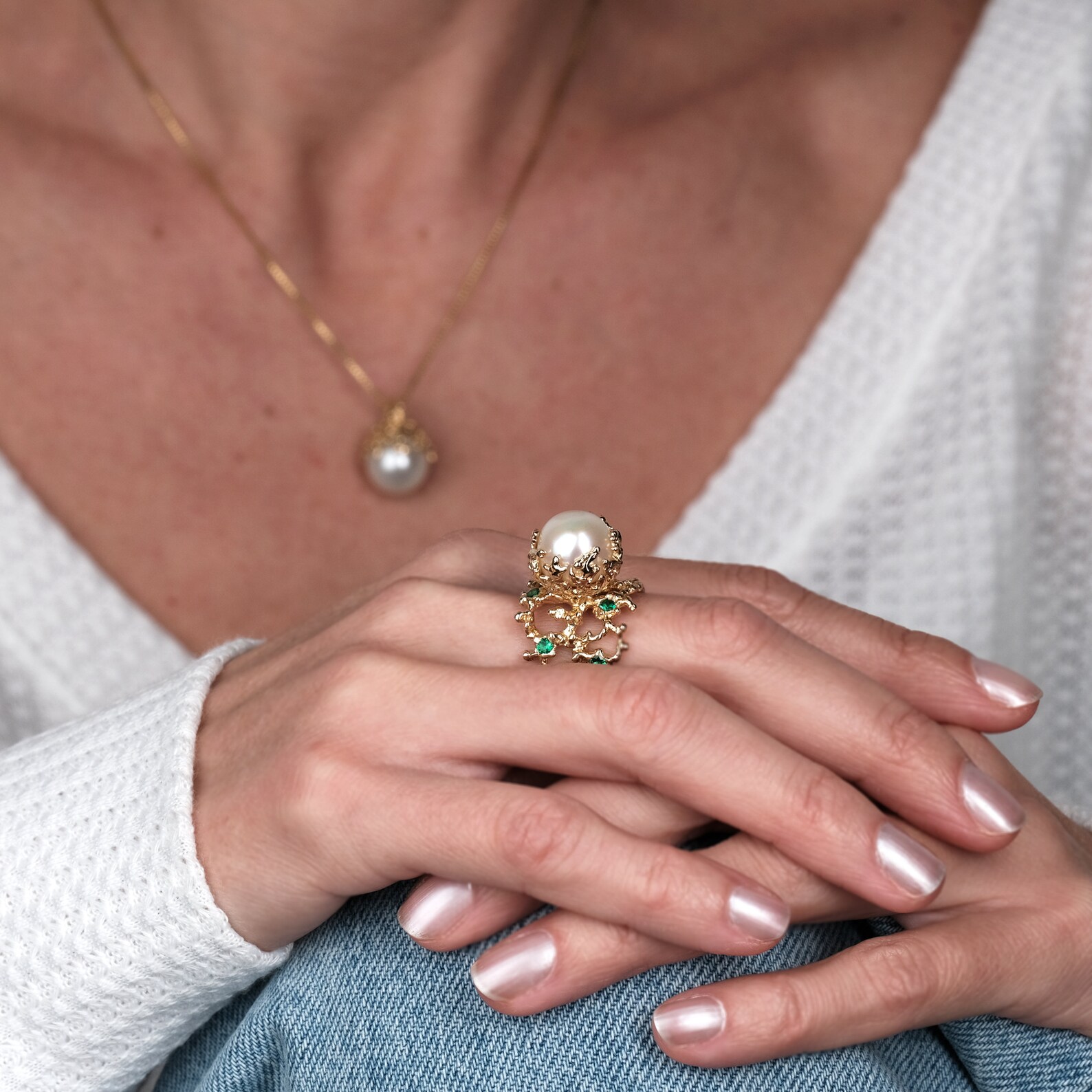 CORAL Emerald Pearl Ring Emerald Engagement Ring Pearl Etsy