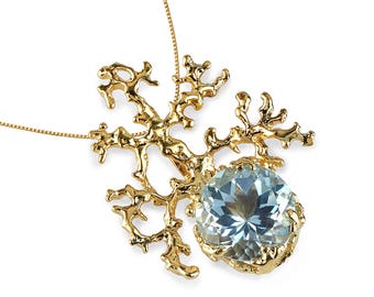 CORAL Gold Pendant Necklace, Gold Blue Topaz Necklace, Unique Gemstone Necklace, Organic Necklace, Statement Necklace