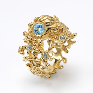 CORAL SEASHELL Ring, Swiss Blue Topaz Ring, Gold Seashell Ring, Mermaid ...