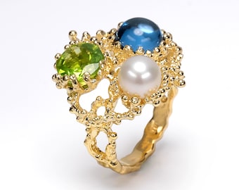 CORAL DREAM Swiss Blue Topaz Ring, Round White Pearl Ring, Peridot Ring, Statement Unique Gemstone Ring, Ocean Inspired Engagement Ring