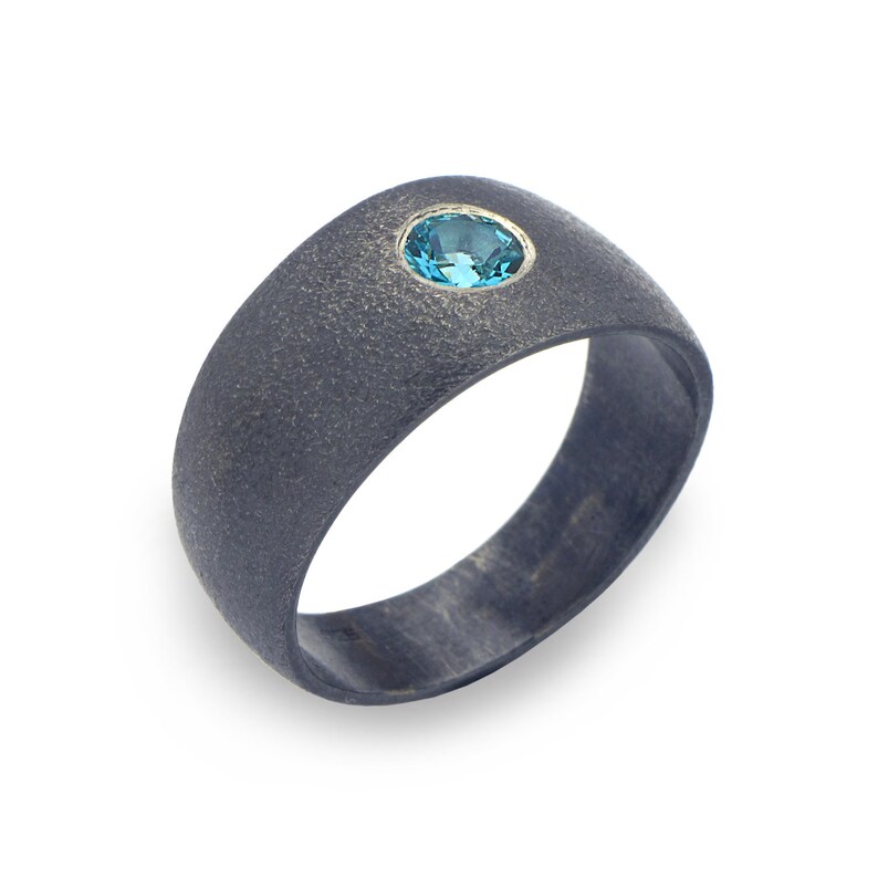 Blue Topaz Wedding Band Black Silver Band POINT Silver Blue Topaz Band Silver Wide Black Wedding Band Blue Topaz Ring Mens Wedding Band