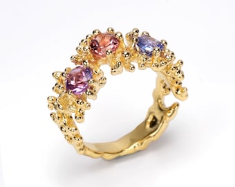 CORAL 3 STONE Ring, Gold Tanzanite Ring, Amethyst Ring, Pink Tourmaline Ring, Mother's Ring, Birthstone Ring, Unique Gemstone Ring for Women