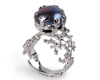 CORAL Black Pearl Ring, Sterling Silver Ring, Pearl Statement Ring, Pearl Engagement Ring, Large Pearl Ring, Ocean Jewelry, Ocean Lover Gift