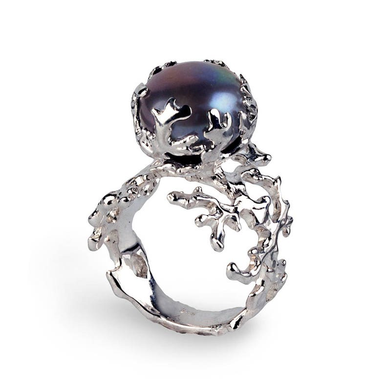 CORAL Black Pearl Ring Sterling Silver Ring Pearl Statement Etsy