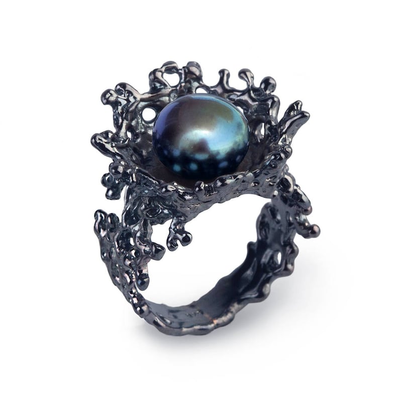 CORAL FLOWER Black Pearl Ring, Black Ring Oxidized Silver, Black Engagement Ring, Black Pearl Engagement Ring, Alternative Flower Ring image 2