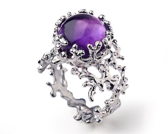 CORAL Purple Amethyst Ring, Sterling Silver Amethyst Ring, Large Amethyst Ring, Purple Amethyst Engagement Ring, Statement Ring